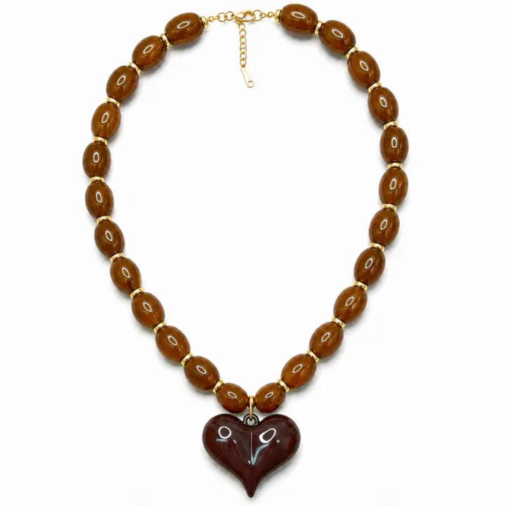 Resin Heart Chunky Necklace - Almafi Brown