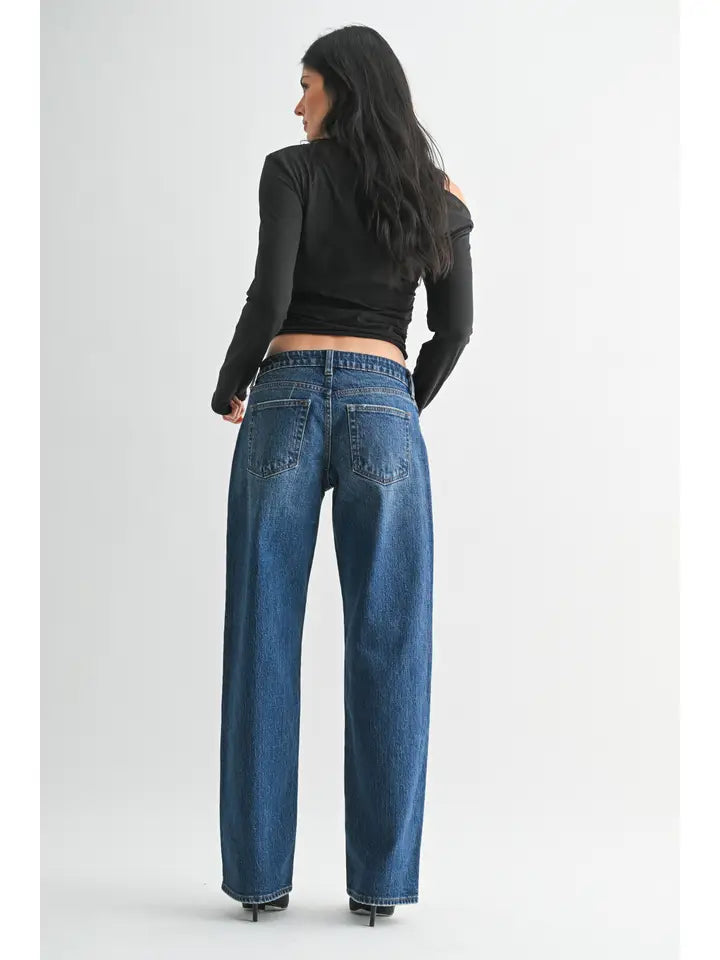 Low Rise Studded Baggy Jean - Dark Denim