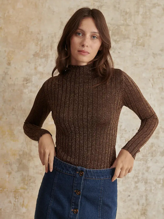 Pistache Lurex High Neck Sweater - Brown