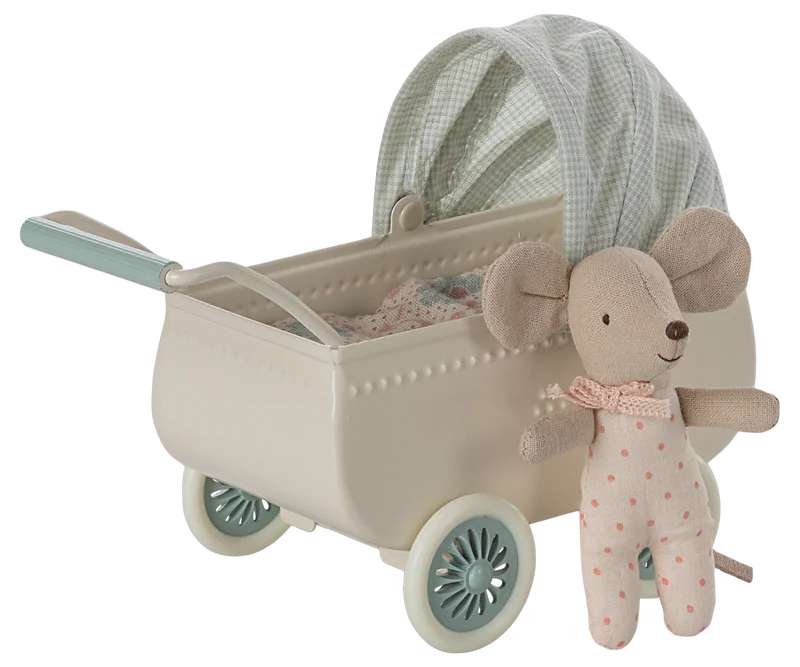 Maileg - Pram with Baby Mouse - Mint