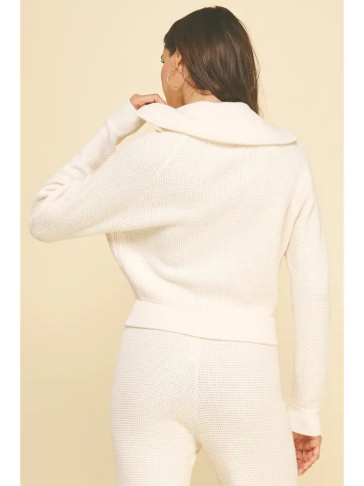 Waffle Textured Zip-Up Sweater - Cream