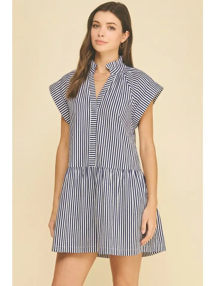 Ruffle Tunic Mini Dress - Navy Stripe