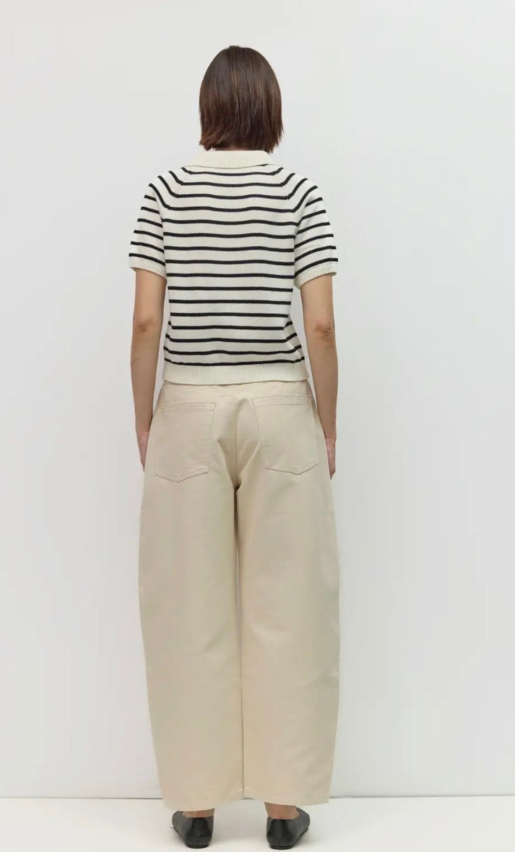 Short Sleeve Polo Sweater - Black & Cream Stripe