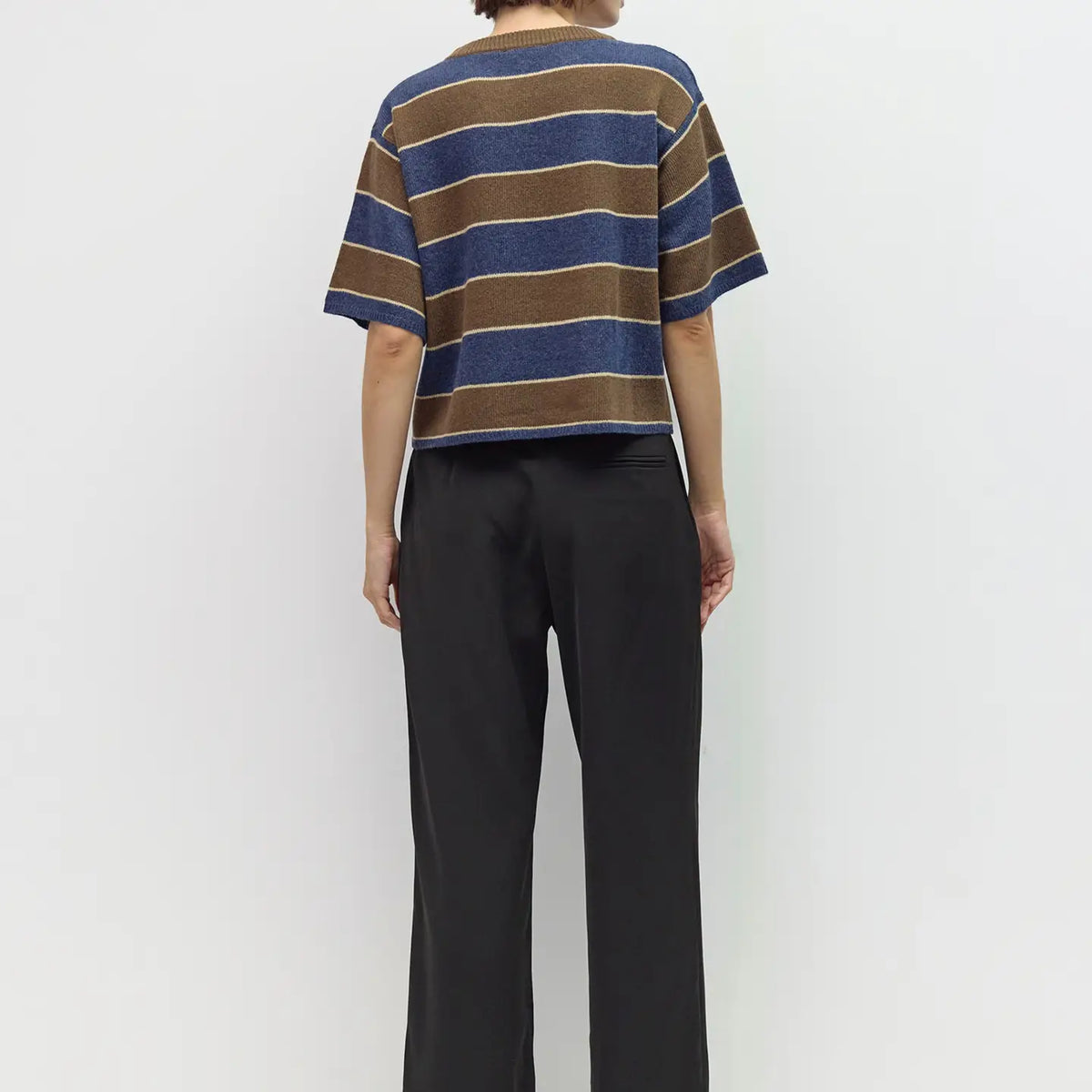 Striped Elbow Sleeve Sweater - Brown, Navy & Beige