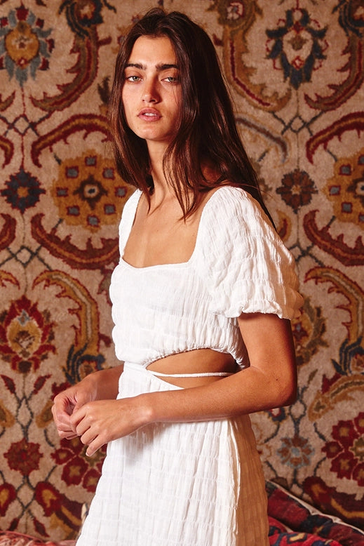 Side Cutout Poof Sleeve Midi Dress - Ivory