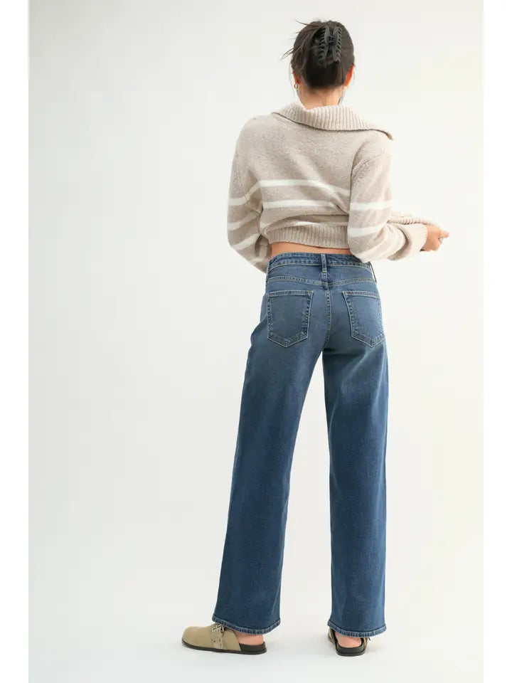 Mid Rise Slim Wide Leg Pant - Medium Denim