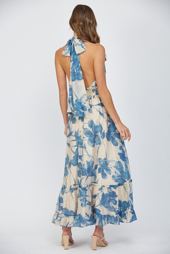 Tie Back Halter Dress - Blue Floral