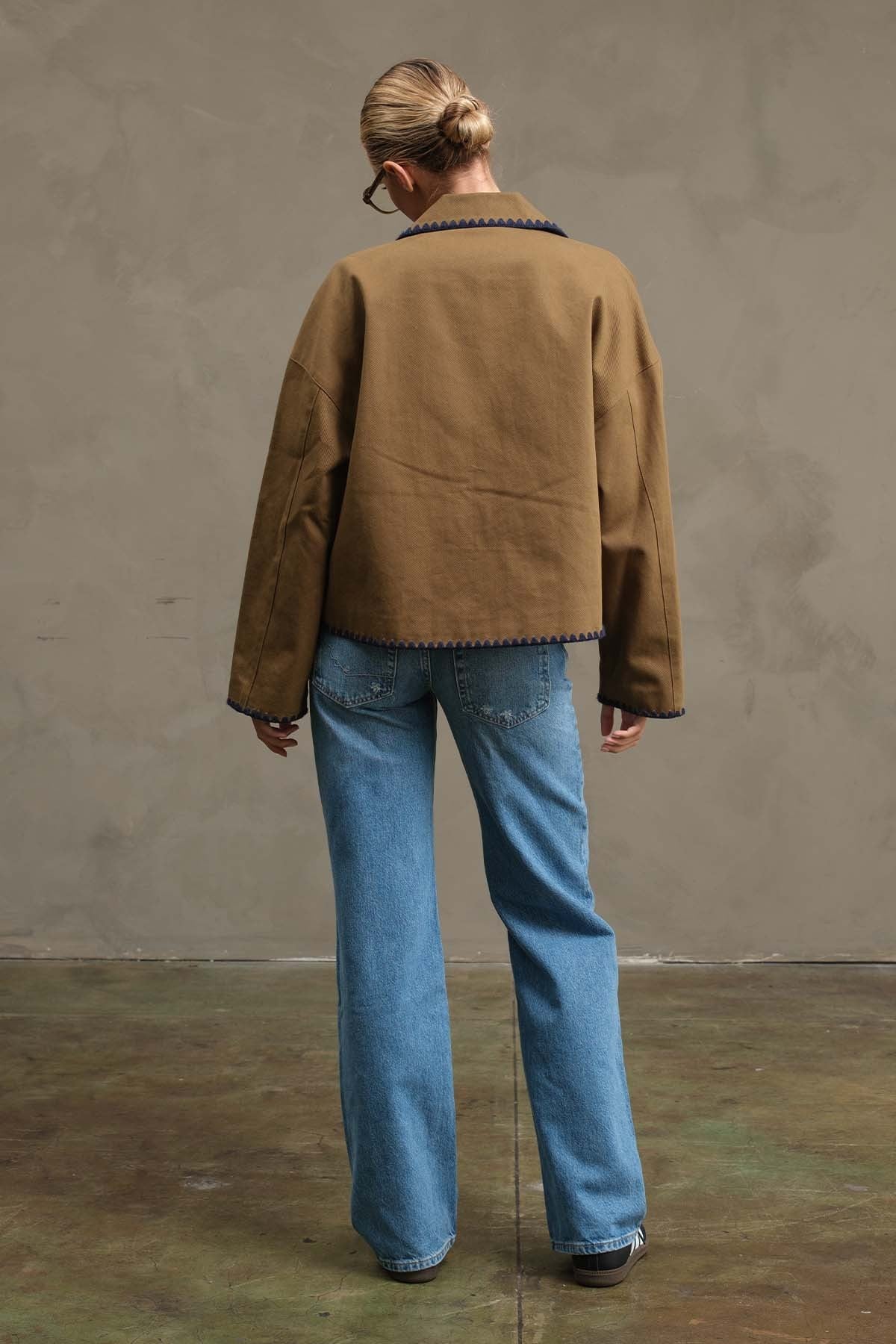 Collar Jacket with Contrast Stitching - Olive