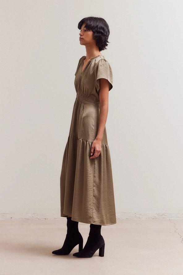 Grade + Gather - Ruffle Matte Satin Midi Dress - Olive