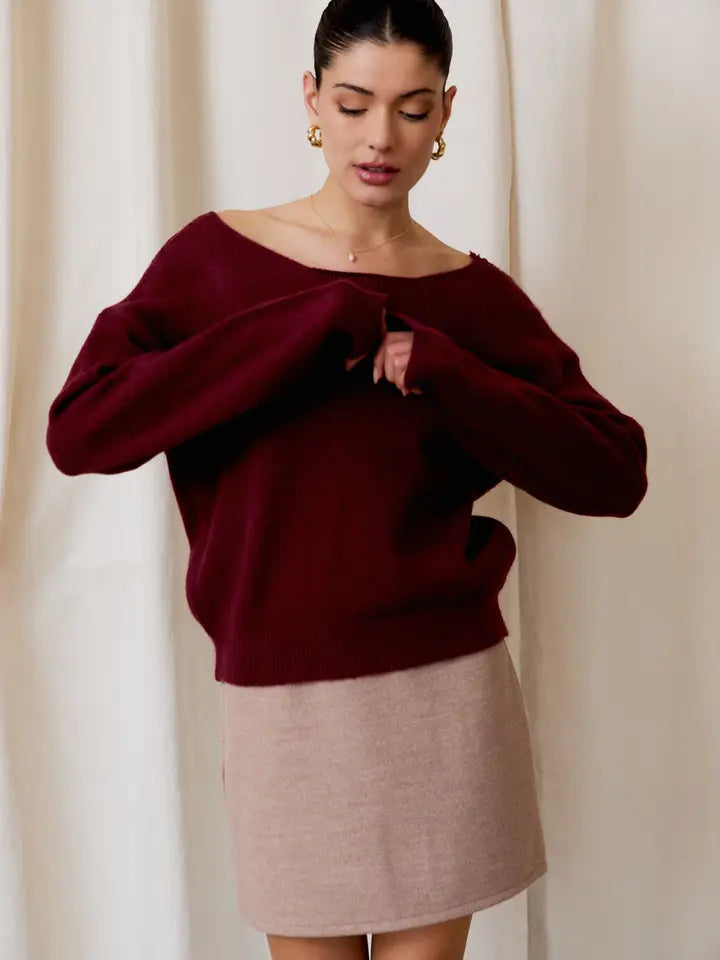 Back Lace Trim Long Sleeve Sweater - Wine