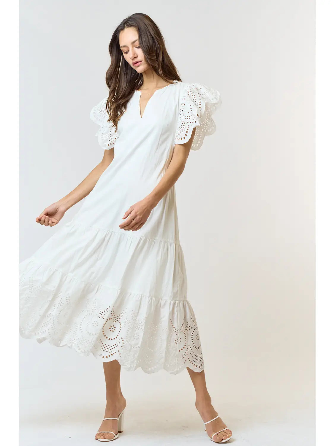 Cotton Eyelet Scalloped Midi Dress - Off White Cotton Eyelet Scalloped Midi Dress - Off White