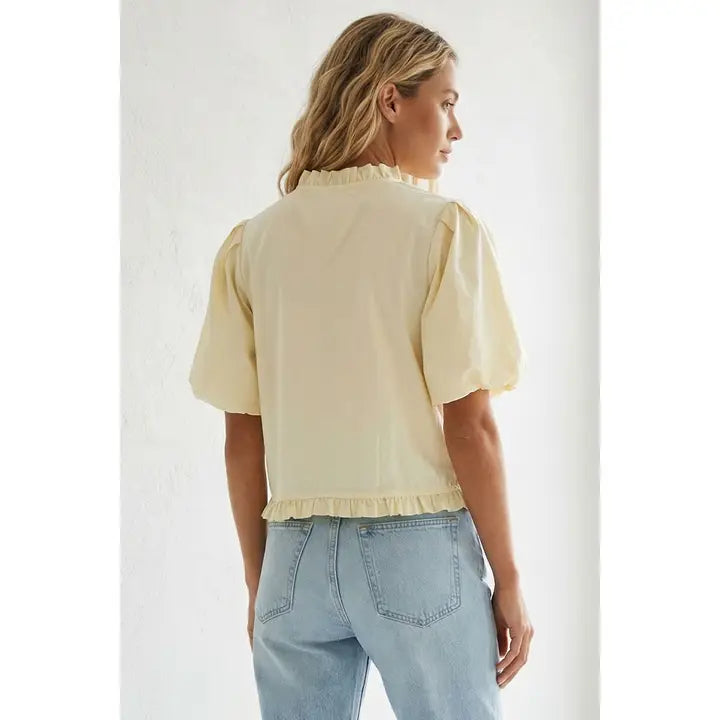 Ruffle Detail Bubble Sleeve Top - Pale Banana