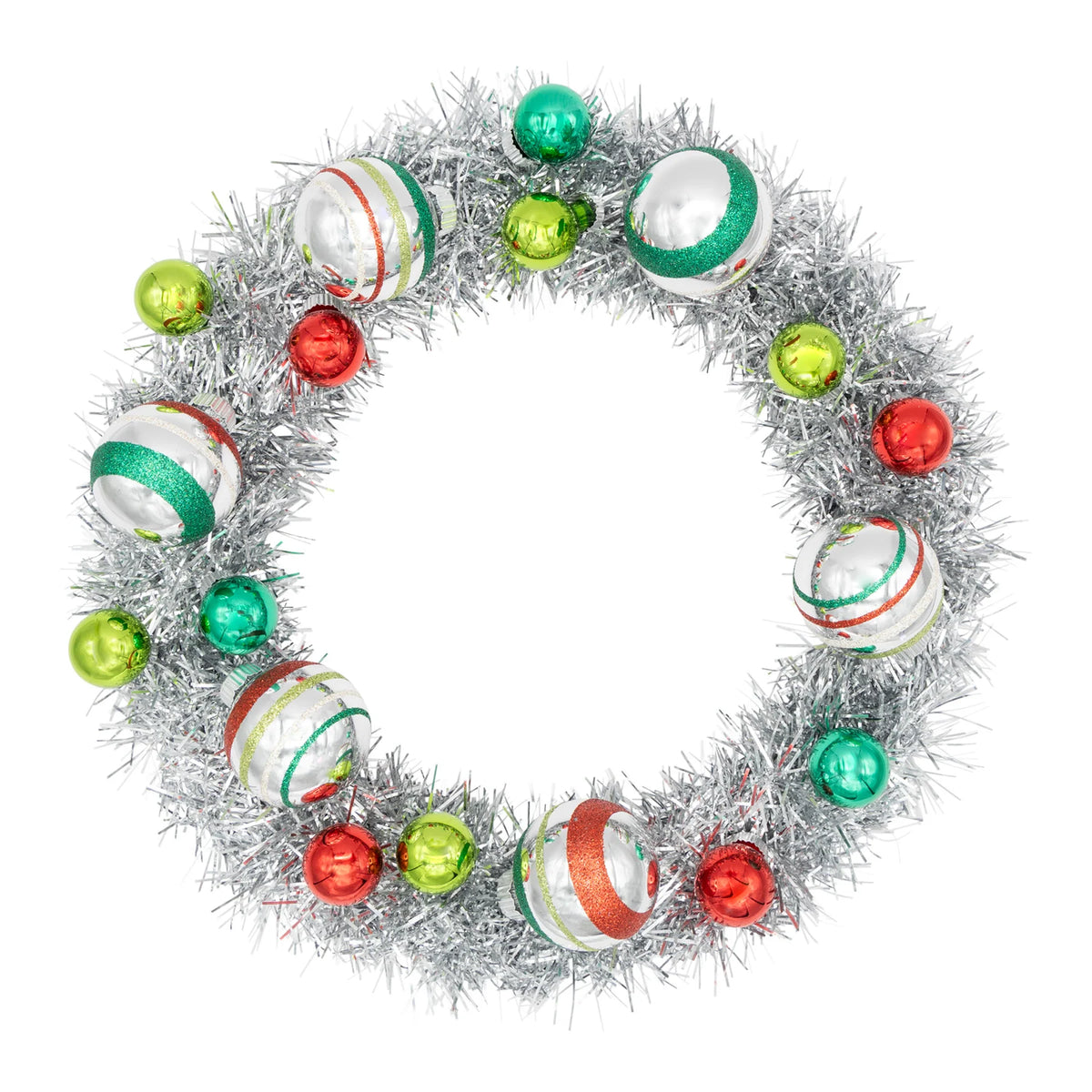 Shiny Brite - Holiday Splendor Silver Tinsel Wreath with 1" and 1.75" Rounds