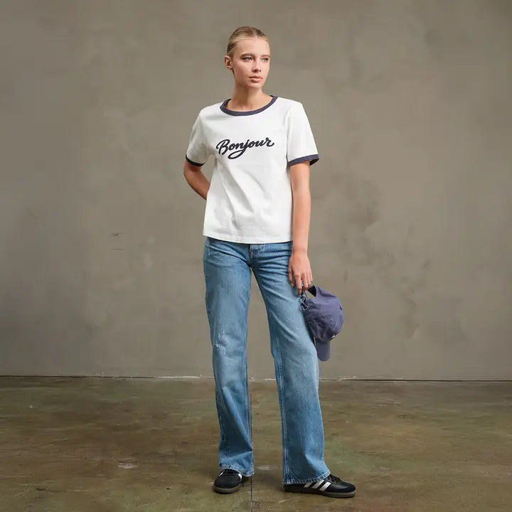 Bonjour Contrast Ringer Tee - White & Navy