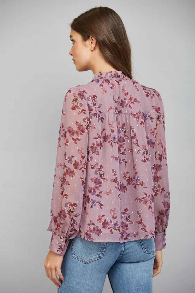 Floral Print with Ruffled Tie Neck- Dusty Pink