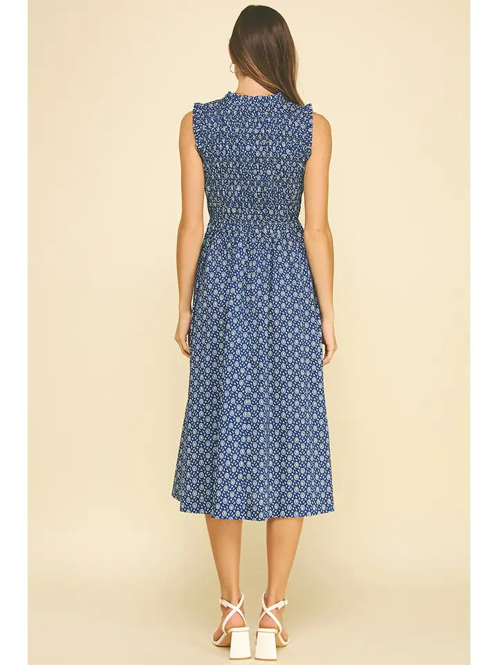 Floral Front Tie Midi Dress - Navy