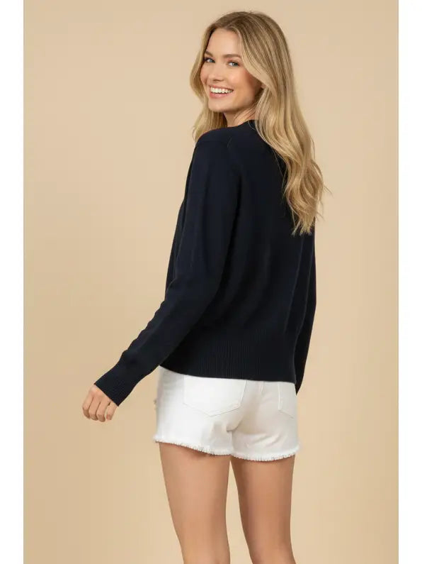 Button-Contrast Stitch Knit Cardigan - Ink