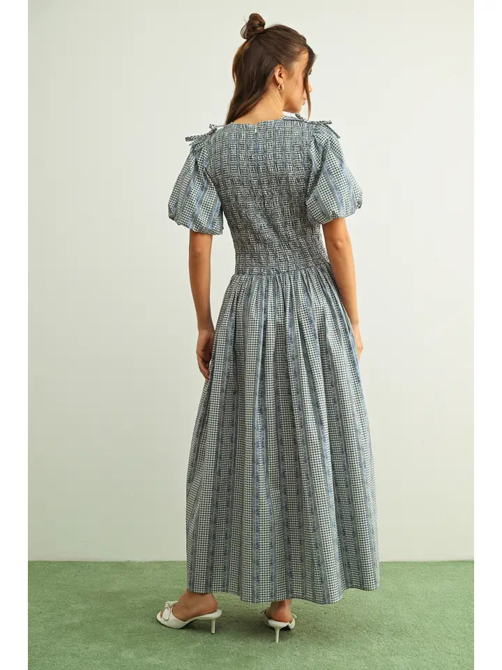 Puff Sleeve Dress - Blue Multi Floral Print