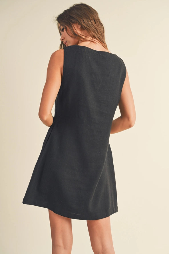 Linen Square Neck Mini Dress - Black