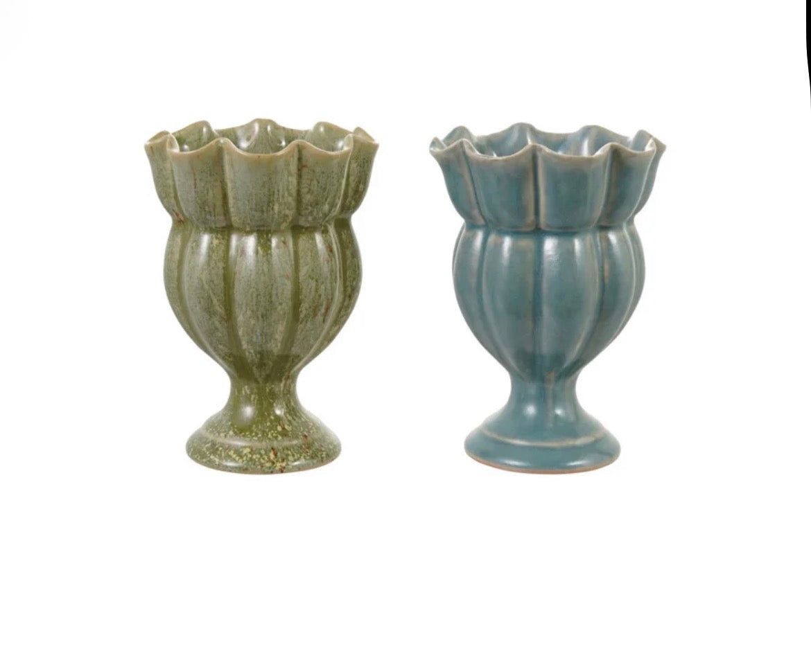 Stoneware Scalloped Footed Vase Reactive Glaze