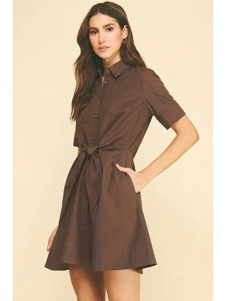 Tie-Front Button Down Mini Dress - Espresso