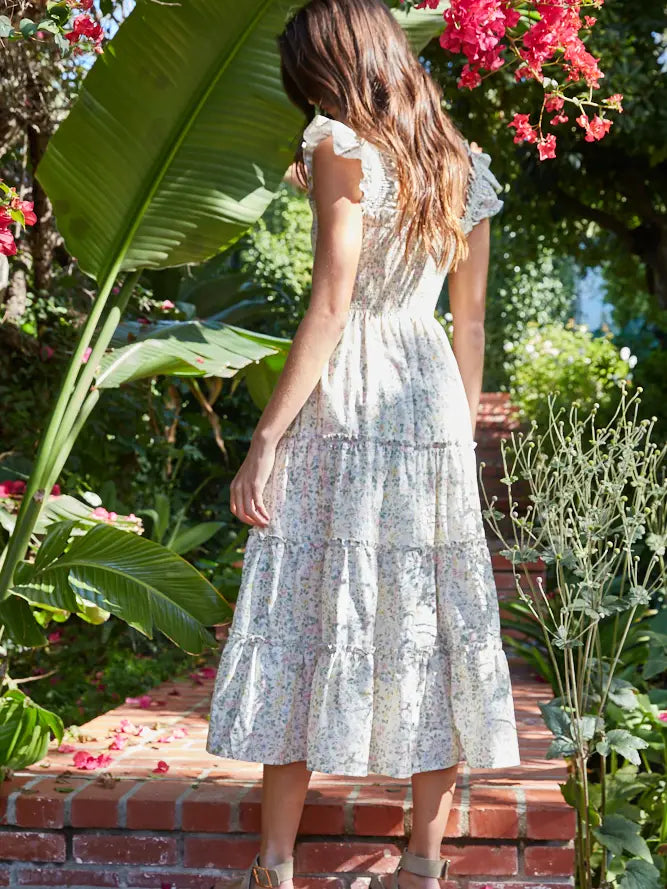 Woven Floral Tiered Smocked Midi Dress - Cream Multi
