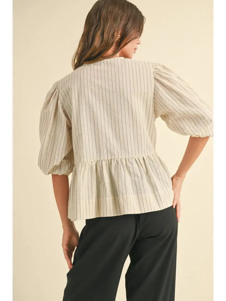 Striped Tie Front Blouse - Tan & Black