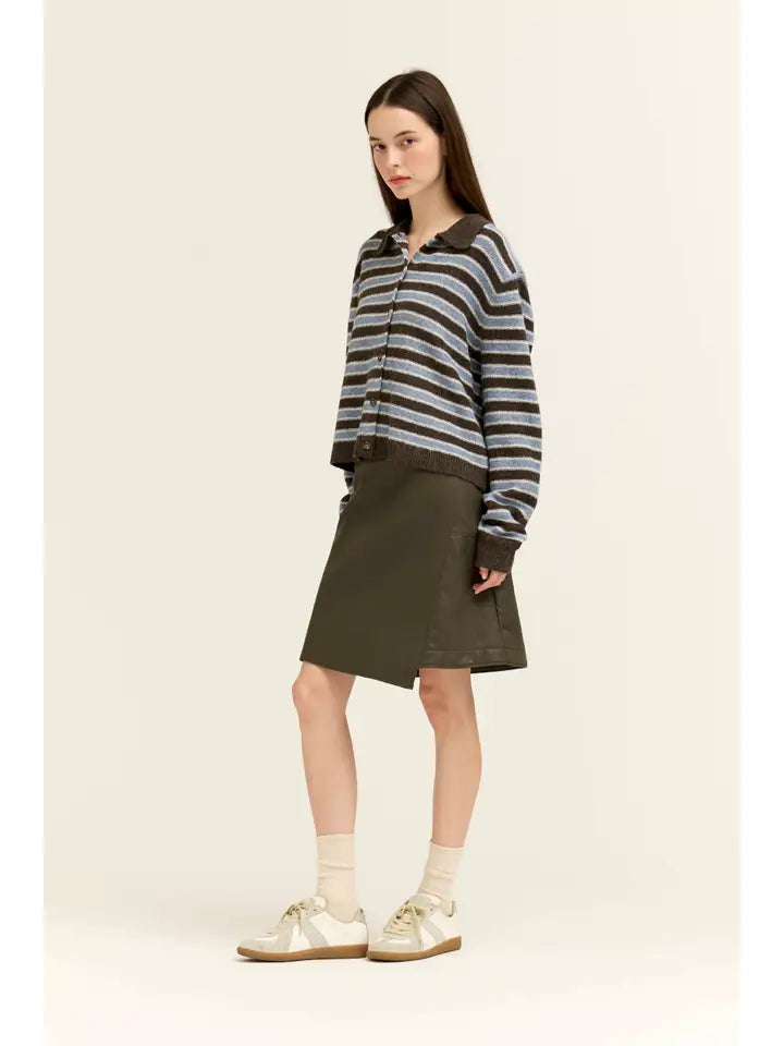 Grade + Gather - Stripe Collared Cardigan - Chocolate Blue