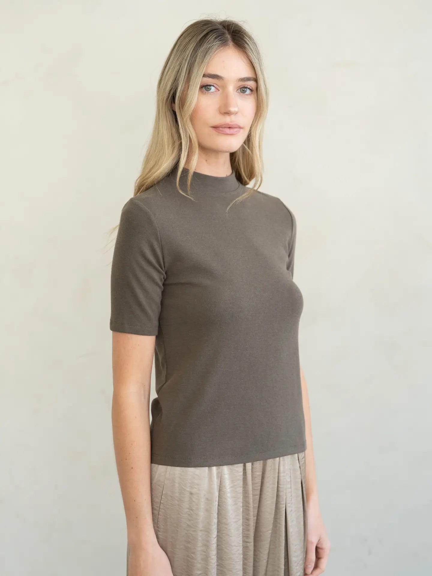 Mock Neck Short Sleeve Top - Brown