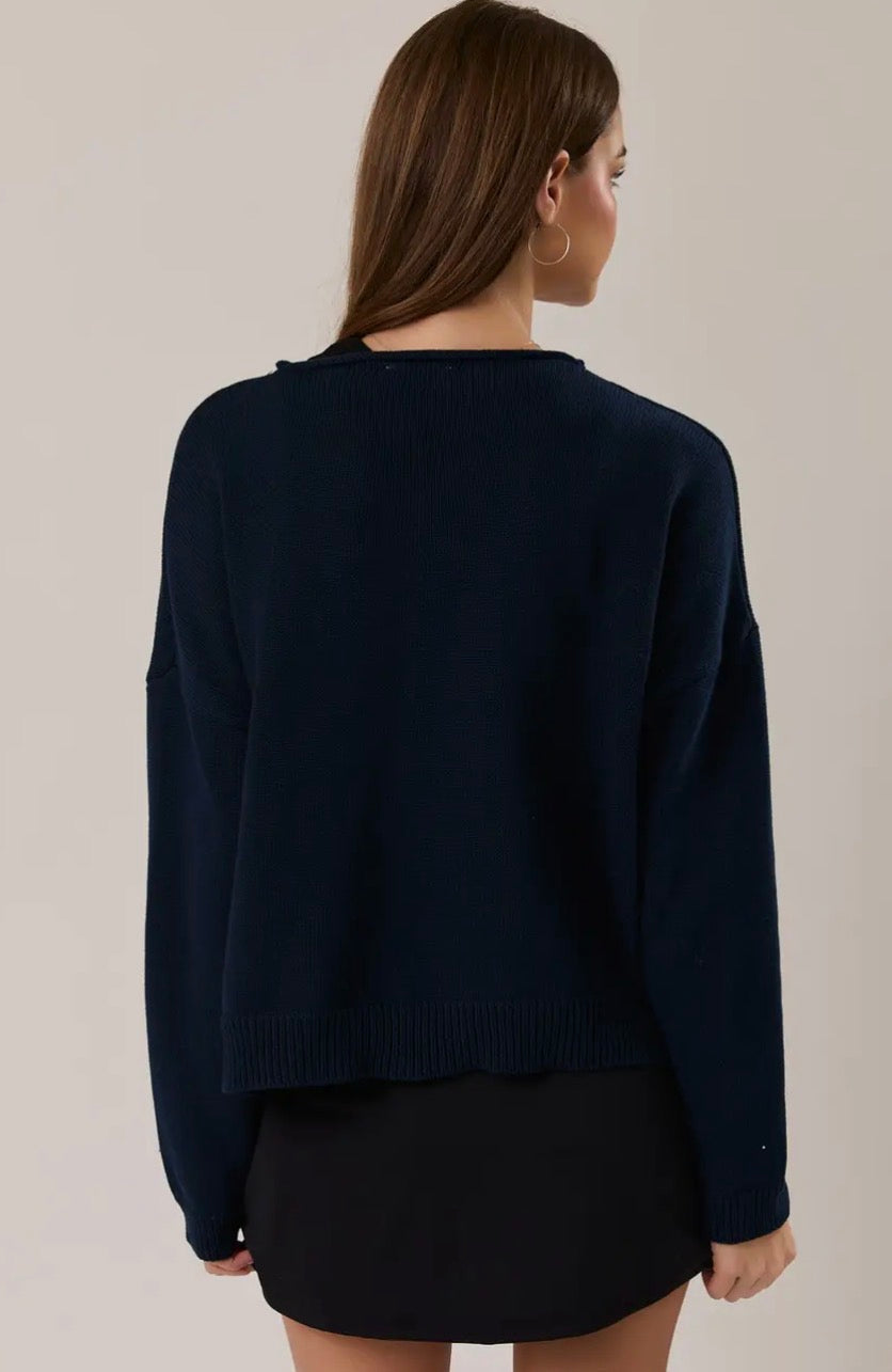 Rolled Hemline Sweater Cardigan - Navy