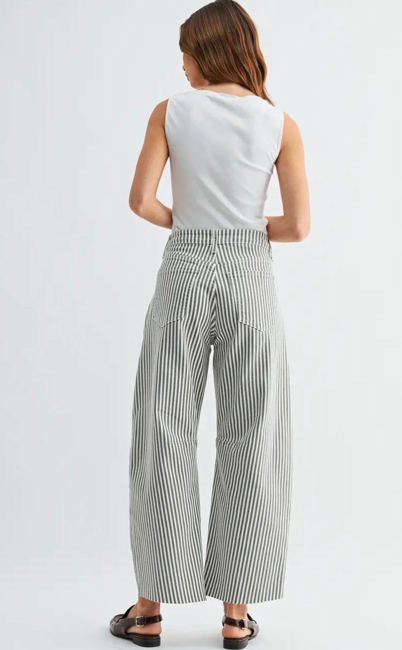 Barrel Jeans with Seams - Olive Stripe