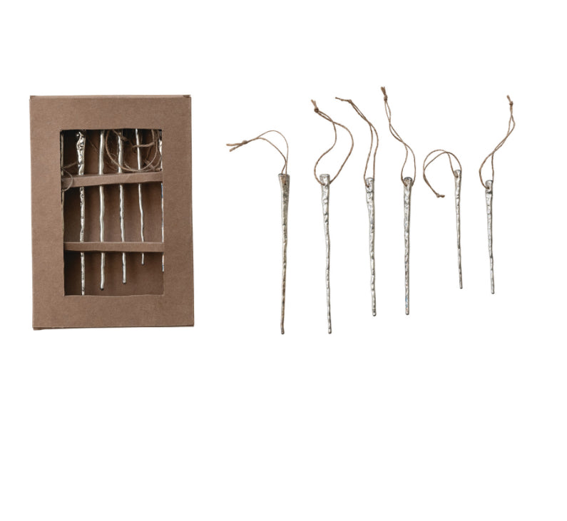 Mercury Glass Icicle Boxed Ornaments - Silver Finish