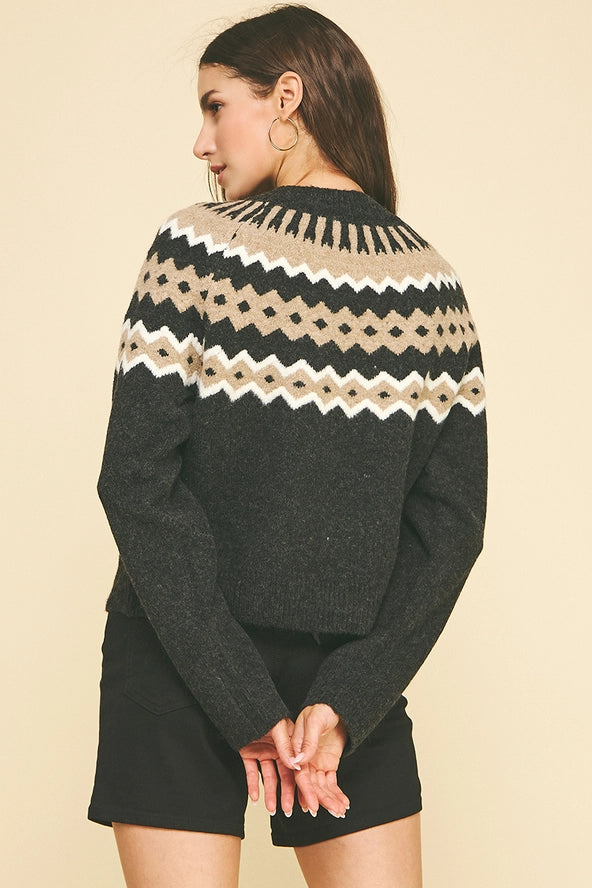 Vintage Geometric Pattern Sweater - Charcoal Multi