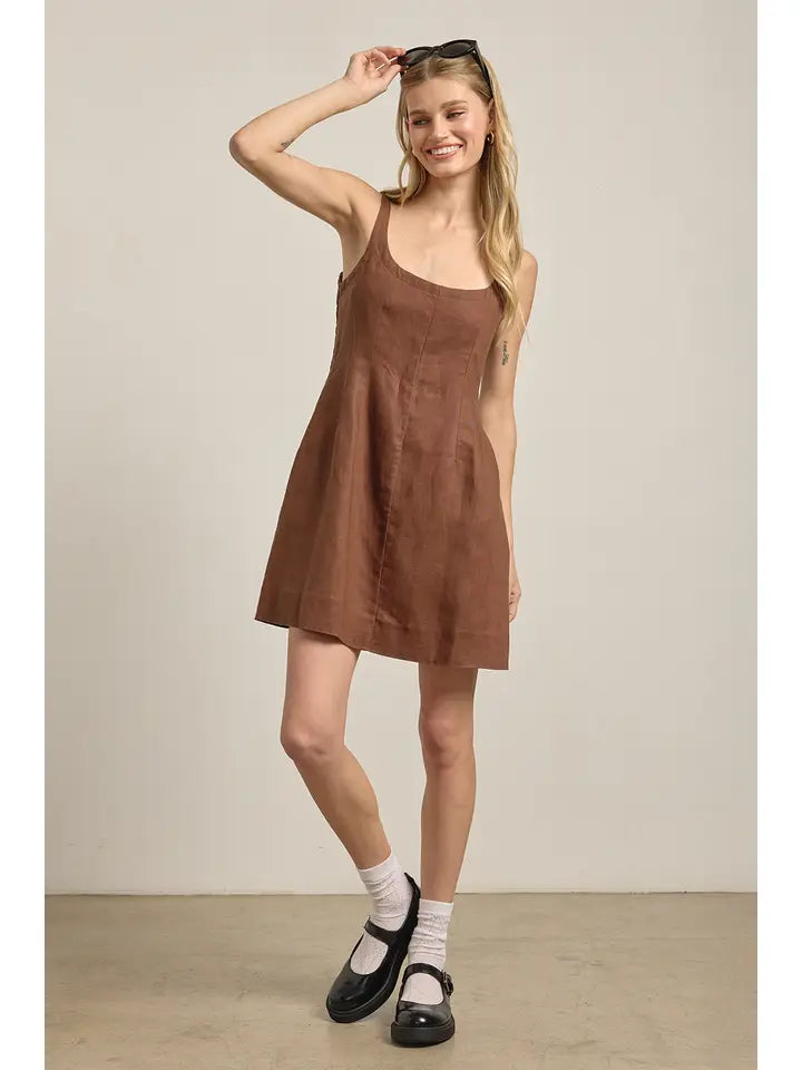 Linen Square Neck Mini Dress - Brown Linen Square Neck Mini Dress - Brown