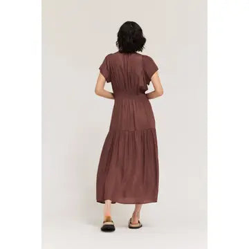 Grade + Gather - Ruffle Satin Midi Dress - Tobacco