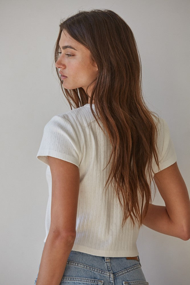 Knit Pointelle Ribbed Top - Off White