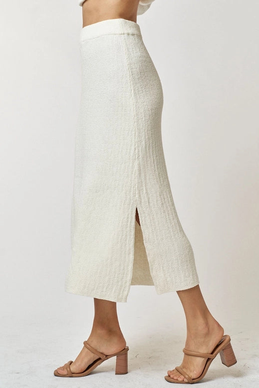 Thin Ribbed Long Sleeve Top + Skirt Set - Cream