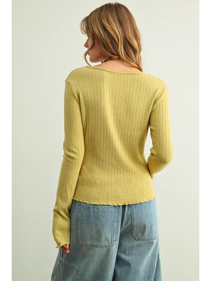 Button Front Ribbed Long Sleeve Knitted Top - Green Fig