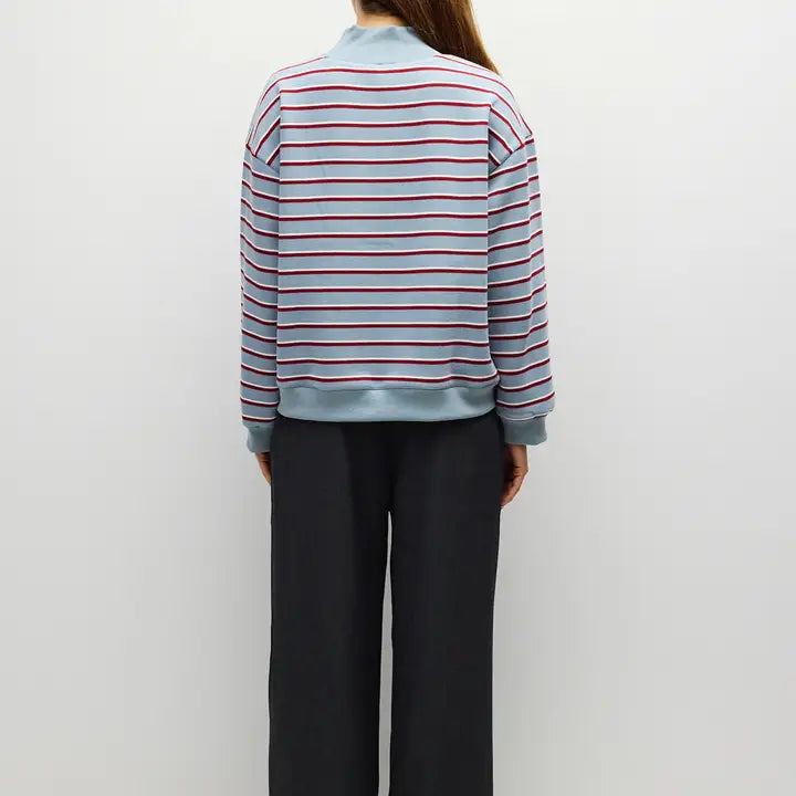 Mock Neck Striped Sweater - Blue + Burgundy
