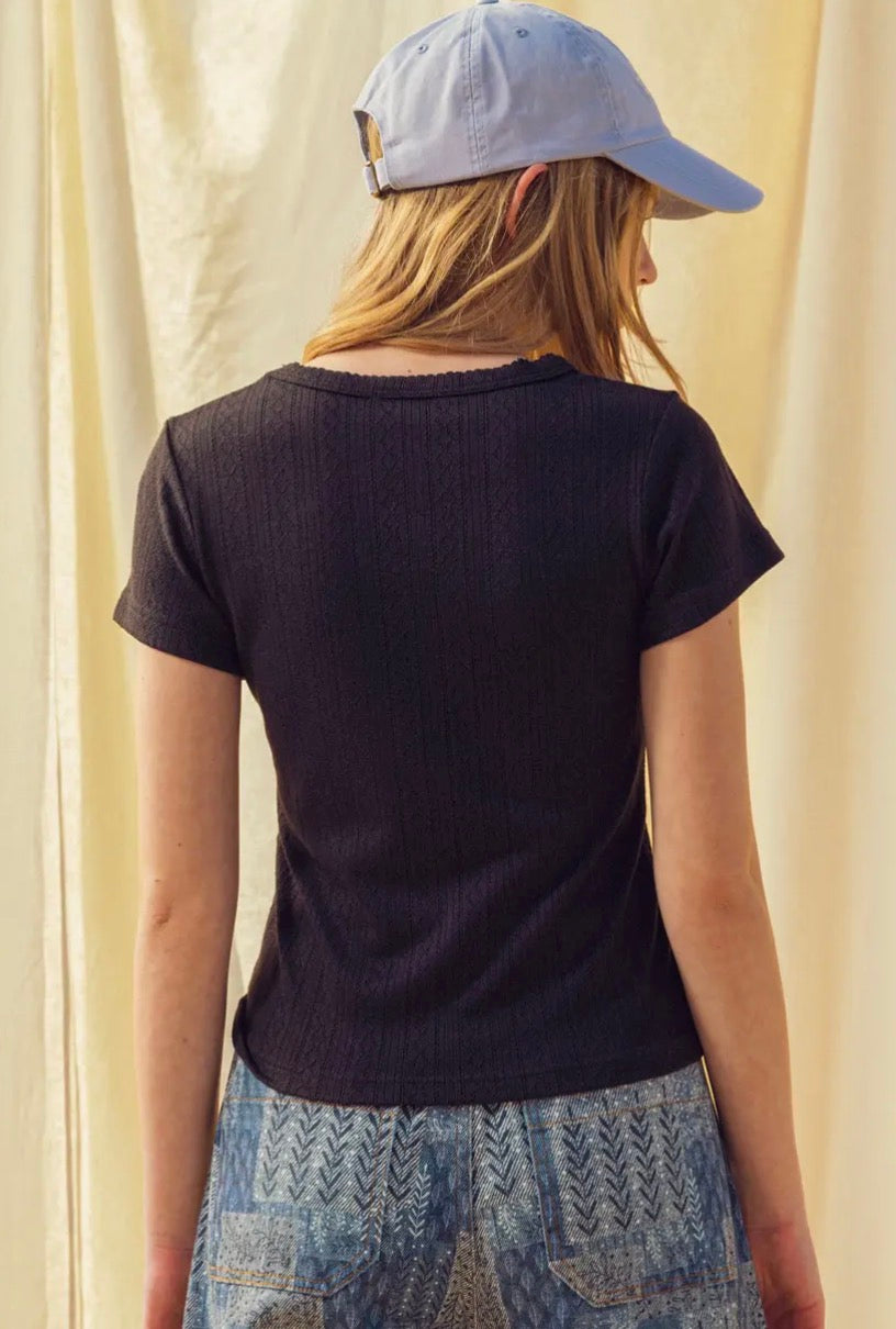 Pointelle Short Sleeve Top - Black