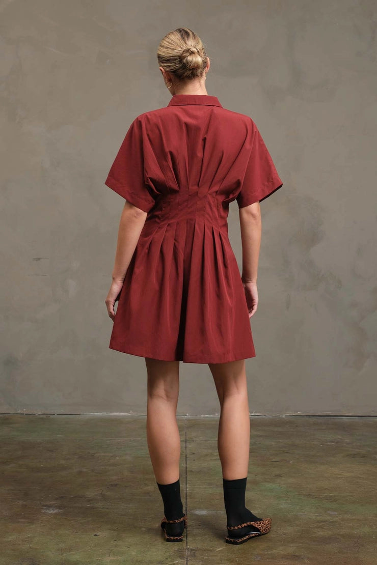 Wide Pintuck Shirt Dress - Burgundy