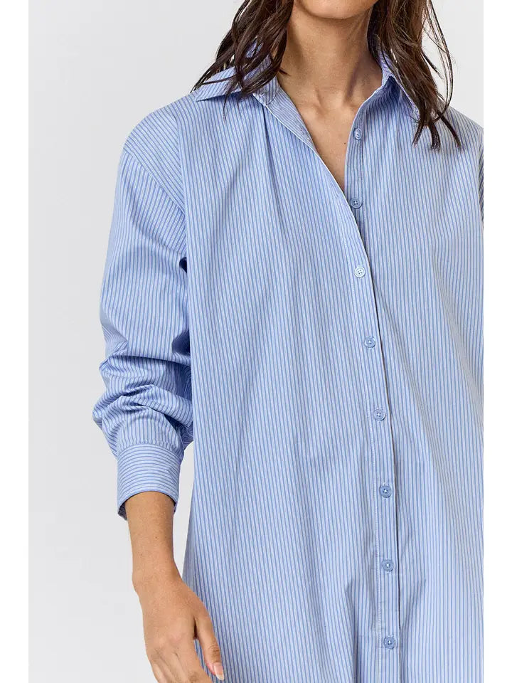 Striped Button-Up Shirt Dress - Blue