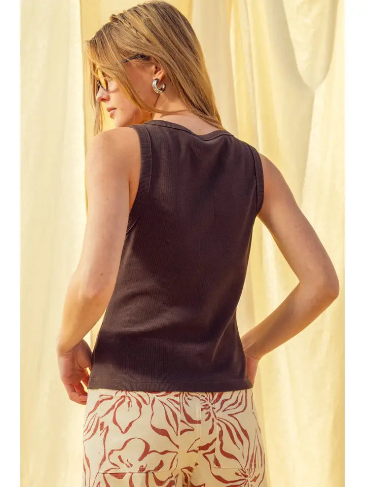 Round Neck Button Detail Tank - Chocolate