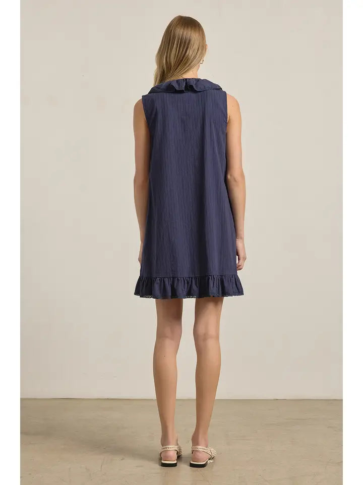 Ruffle Trim Pintuck Dress with Slip Lining - Navy