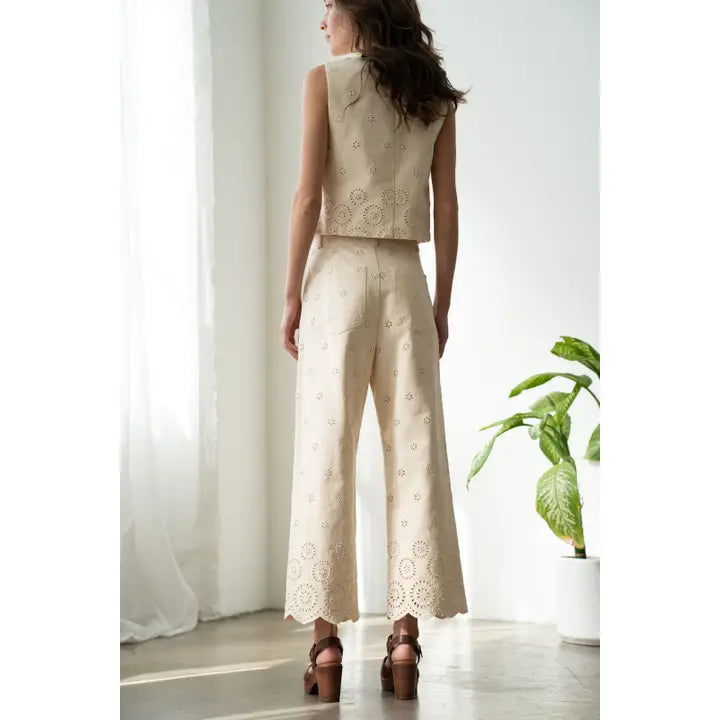 Eyelet Wide Leg Cotton Pants - Cream