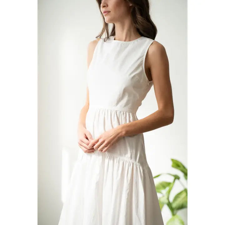 Sleeveless Tiered Dress with Back Ruched Detail - White