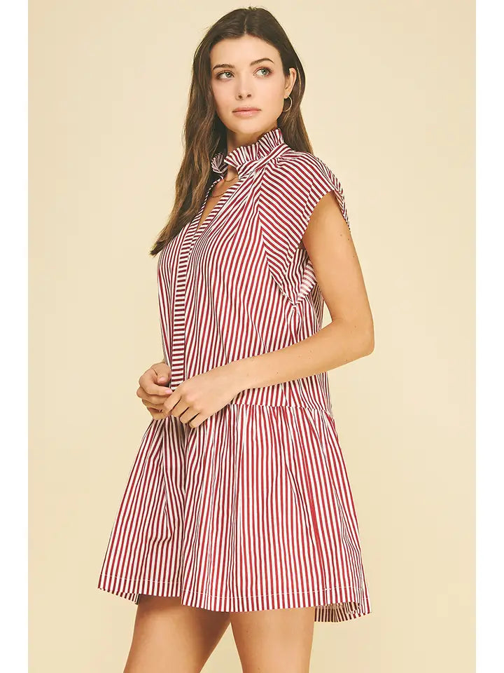 Ruffle Tunic Mini Dress - Red Stripe
