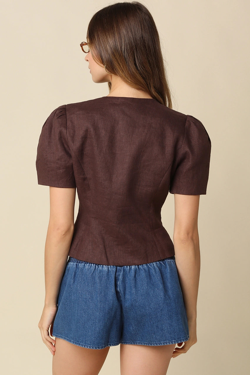 Nataly Puff-Sleeve Button-Front Blouse - Brown