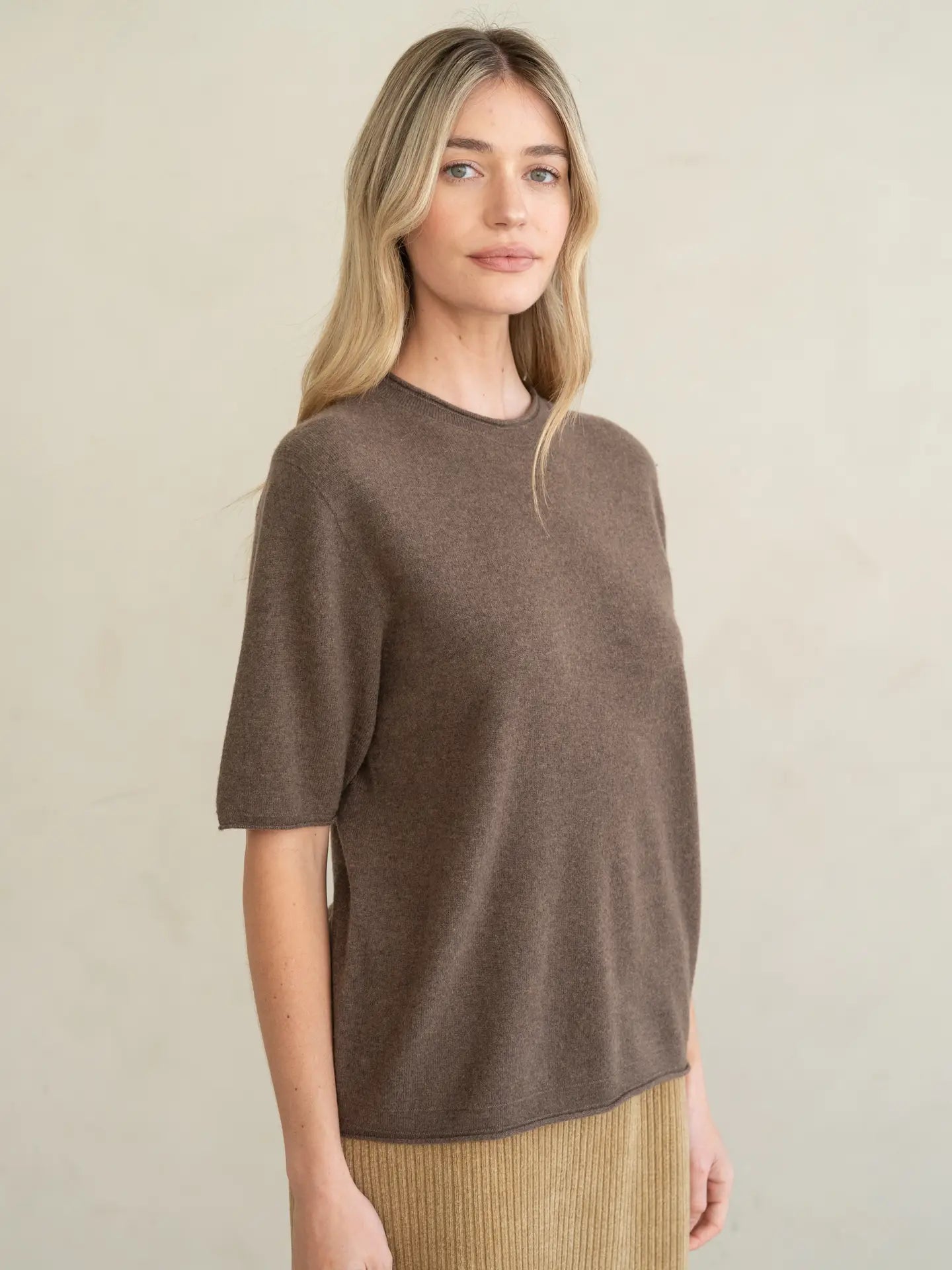 Raw Edge Fine Gauge Crew Knit Tee - Chocolate