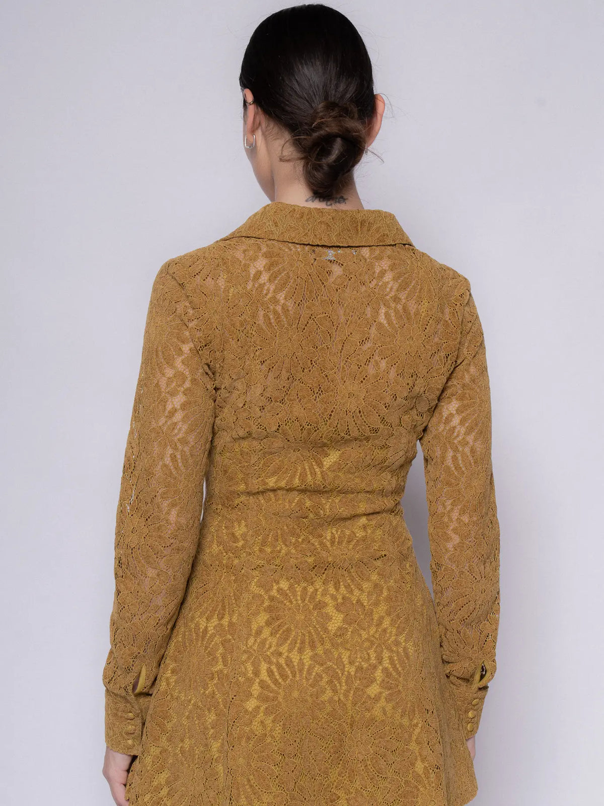 Long Sleeve Floral Lace Mini Dress- Chartreuse